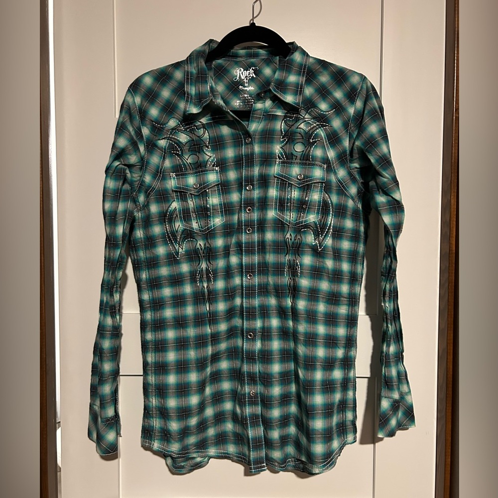 Rock 47 Bling Snap Button Plaid Western Shirt Size Large